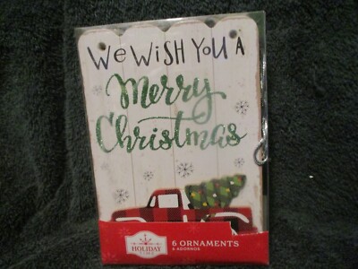 Set of 6 Wood Christmas Ornaments We Wish You a Merry Christmas Red Truck