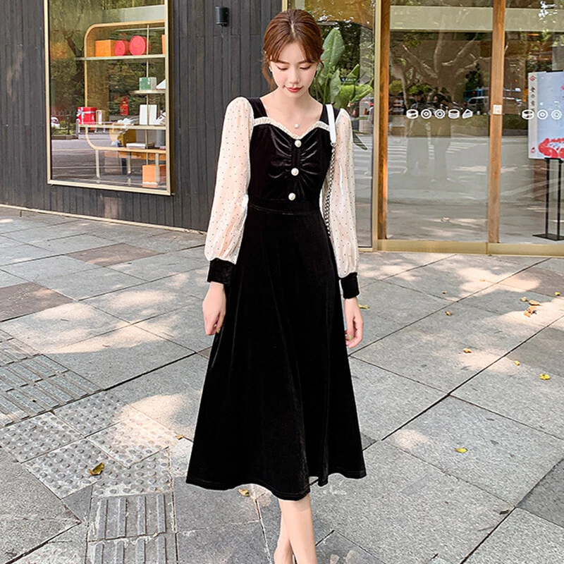 Mujeres Vestidos Midi Terciopelo Pleuche Lunares Botón Volantes Manga Larga Elegante Foto 2 de 4