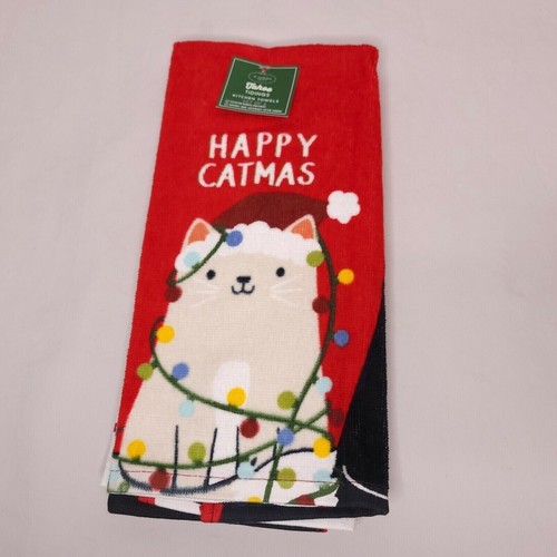 Christmas Cat Print Kitchen Towels 25 X 17 in 100% Cotton Set of 2 Gift - Picture 2 of 5