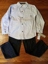 NWT Boys Youth Calvin Klein 2 PC Set Long Sleeve Button Up Shirt Blue Jeans Sz 5