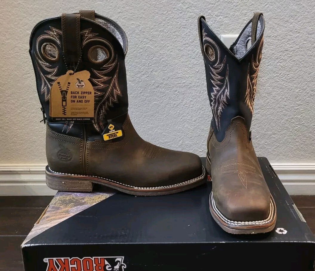 Square Toe Mens Boots With Back Zipper GEORGIA BOOT STEEL TOE