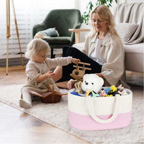 Diaper Caddy Organizer - Cotton Rope Nursery Storage Basket for Baby Essentials, - Picture 7 of 12