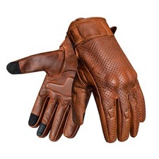 Perforated Brown Full Finger Leather Motorbike Riding Knuckle Protection Gloves