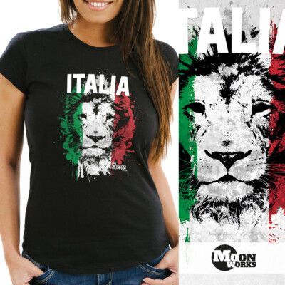 MoonWorks Damen T-Shirt Italien Fan Shirt – Mit Löwe Und Flagge, Slim Fit, 100% Baumwolle