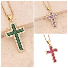14K Gold Plated Cross Pendant Necklace Cubic Zirconia Purple Green Pink N80