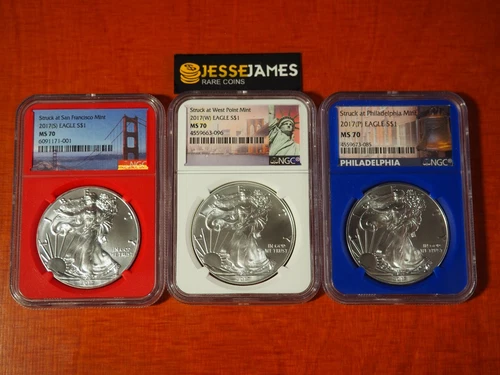 2017 (S) (P) (W) SILVER EAGLE NGC MS70 STRUCK AT PHILADELPHIA SF WP 3 COIN SET