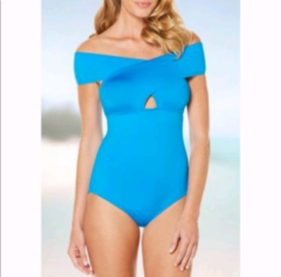 Jantzen Womens Cold Shoulder One Piece Swimsuit Size 12 Blue Gem Tummy Control