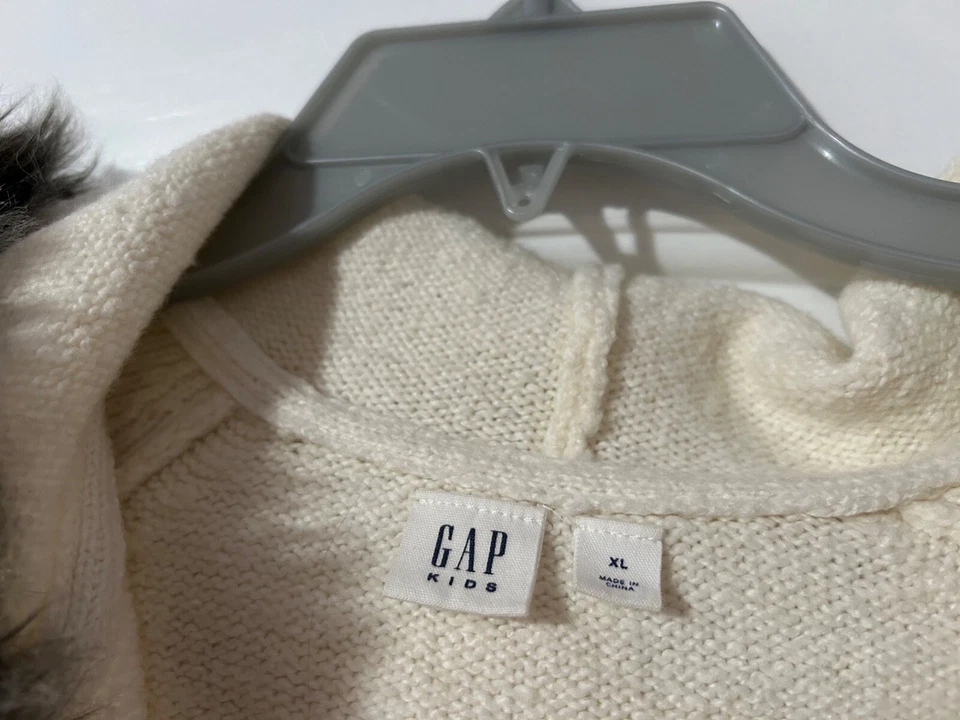 Gap Kids Girls XL Cream Ivory Faux Fur Hooded Open Front Long Sweater Cardigan - Image 3 of 4