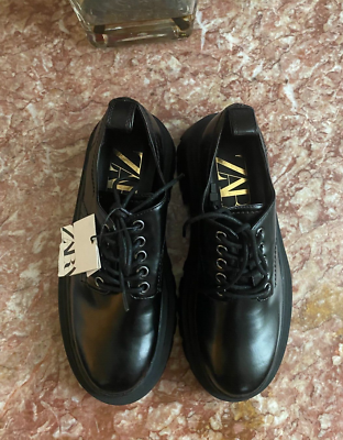 NEW Zara Black Patent Leather Lace Up Y2K Chunky Platform