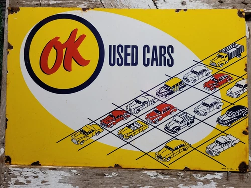 VINTAGE OK USED CARS PORCELAIN SIGN 30" CHEVROLET DEALERSHIP CHEVY TRUCK AUTO