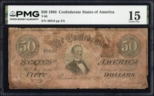 1864 $50 Fifty Dollar Confederate States of America CSA Note T-66 PMG CH F 15