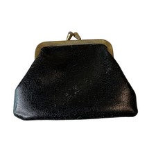 Vintage Black Leather Coin Purse Pouch Wallet Kiss Lock Boho Casual Retro