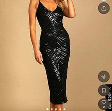 Black Sequin Spaghetti Strap Bodycon Midi Dress Party/Cocktail Sz L - Lulu’s