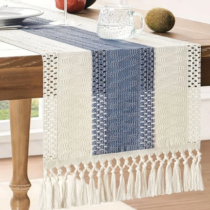 Chic Rustic Geometric Table Runner Tasselled Linen Cotton Table Decoration Gift - Image 4 of 4