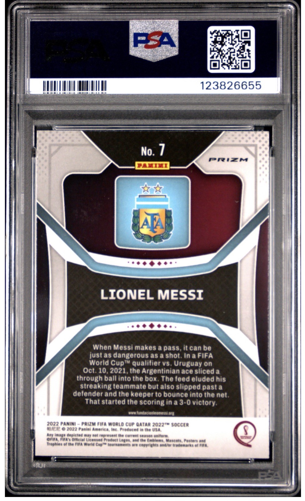 Panini 2022 Prizm World Cup Qatar Lionel Messi Argentina #7 Pink Prizm PSA 9 view 2