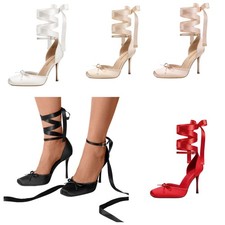 Ballerina Heels Women Stiletto Pumps Closed Square Toe Bow Ballerina Lace Up