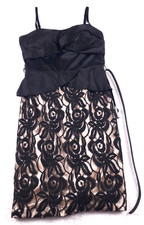 Intrigue Women’s Lace Cocktail Dress Size 6 Black Beige Sleeveless Belted NWT