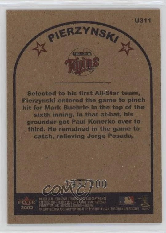 2002 Fleer Tradition Update All-Stars Glossy /200 AJ Pierzynski #U311 - Image 2 of 2