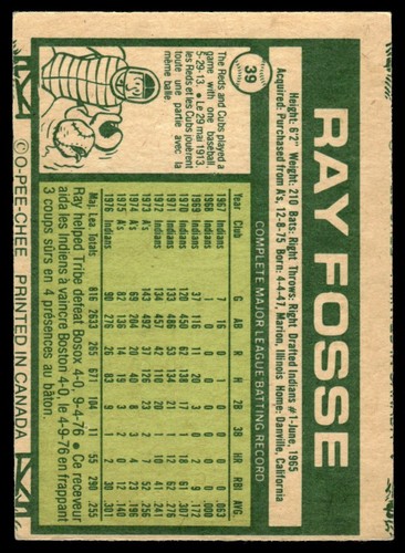 1977 O-Pee-Chee Ray Fosse Cleveland Indians #39 - Picture 2 of 2