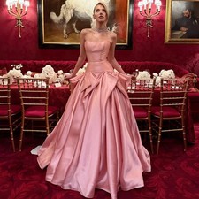 Pink Stain A-Line Evening Dress Strapless Floor Length Cocktail Party Prom Gowns