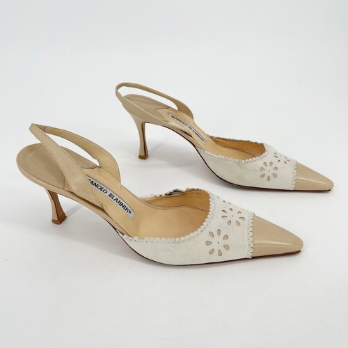 Manolo Blahnik Retro Floral Eyelet Beige Pointed Cap Toe Slingback Heel IT 40