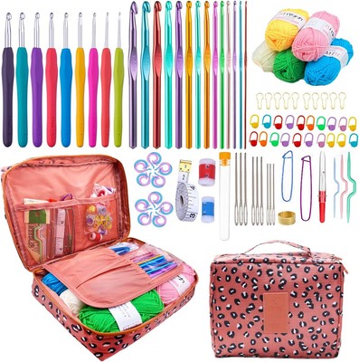 Mdoker 100 Pieces Crochet Kit with Yarn and Knitting Accessories Pink 