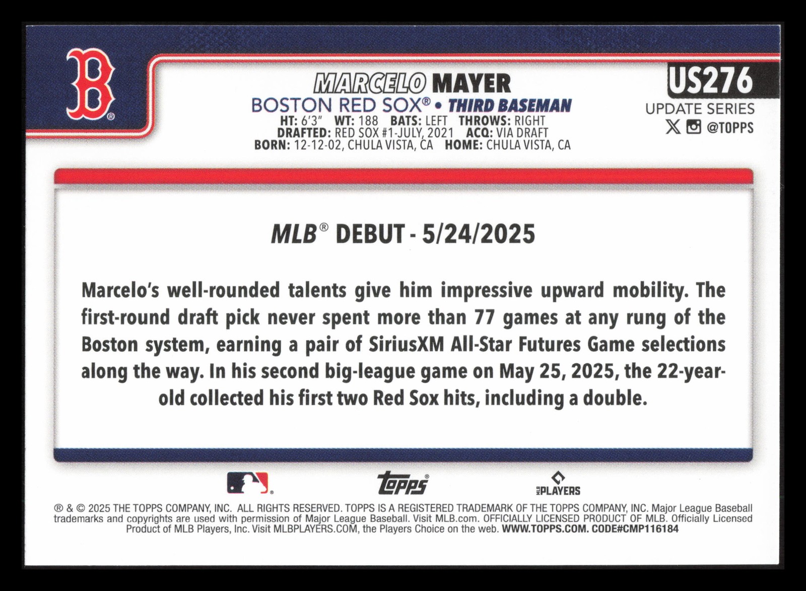 Marcelo Mayer RC Debut 2025 Topps Update US276 Boston Red Sox