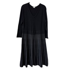 Talbots Womens Striped V-Neck Sweater Midi Dress Cotton Wool Size M Black Grey