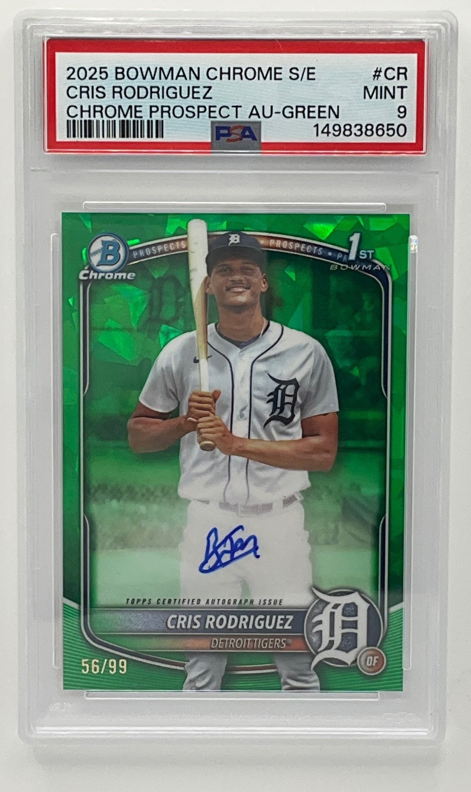 2025 Bowman Chrome Sapphire Cris Rodriguez Green Auto /99 Tigers PSA 9
