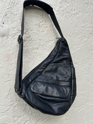 AmeriBag Classic Leather Healthy Sling Bag Black Travel Crossbody Made In USA