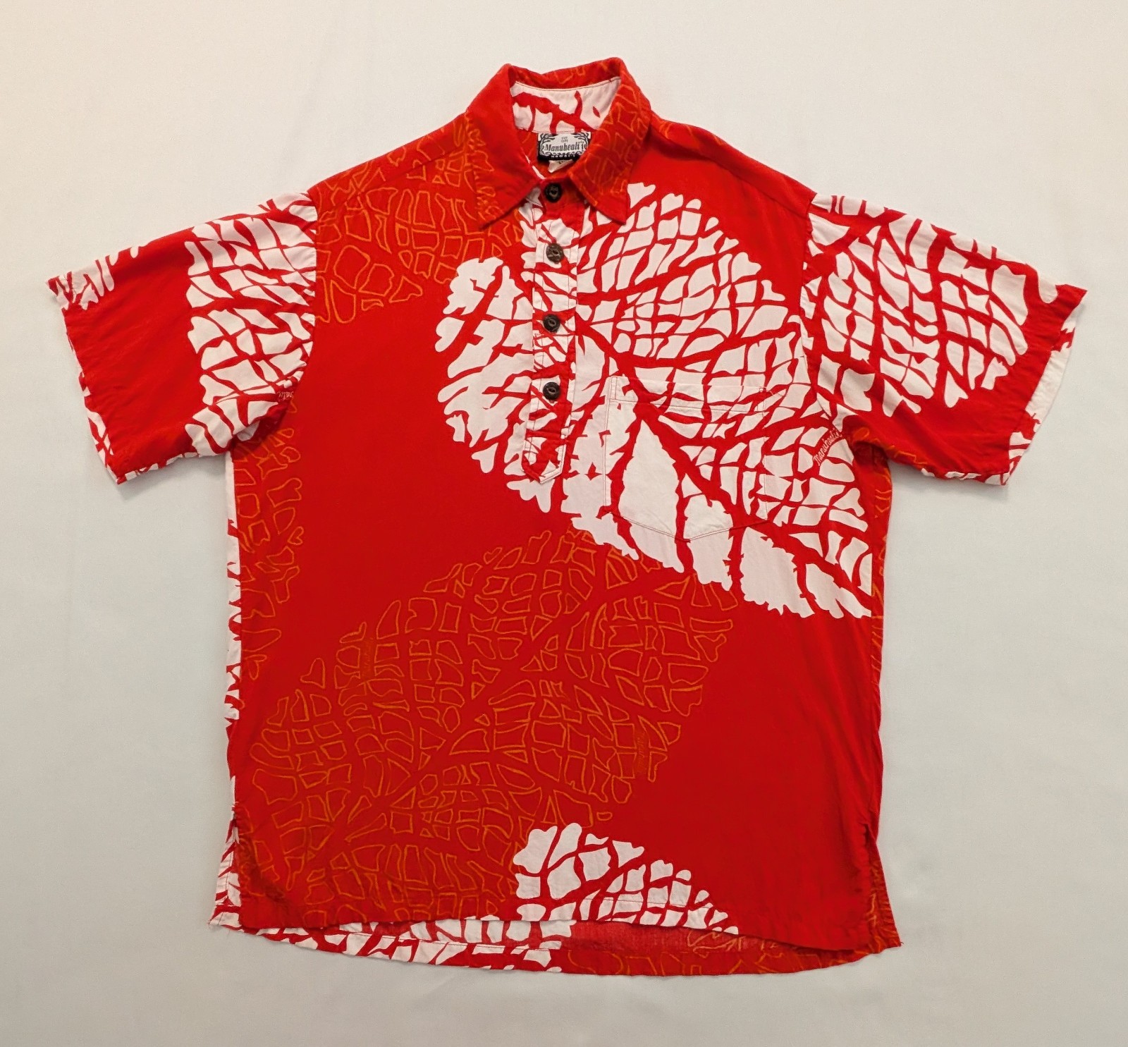 Manuheali'i Hawaiian Aloha Shirt Floral Leaves Orange Men's Small S Manuhealii