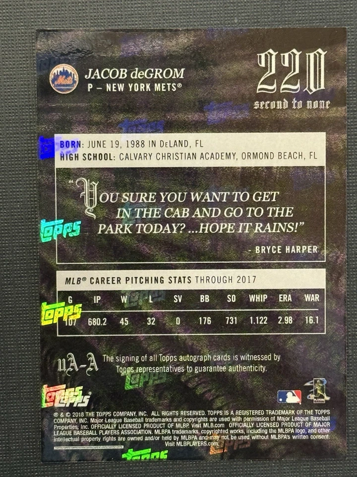 2018 Topps X Bryce Harper 220 Second to None Auto Jacob deGrom #11-A Auto - Image 2 of 2