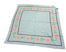 Linen Tablecloth Hand Embroidered Vtg Cross Stitch Square Blue Pink Floral 50 In