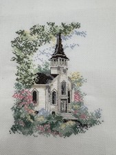 Vintage Linda Bennett Country Sunday Church Completed Cross Stitch Floral