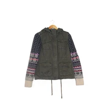 Aeropostale Olive Green Military Style Jacket Fair Isle Knit Sleeves Hooded M