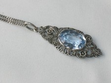 JUGENDSTIL 835er SILBER Anh&auml;nger ovaler blauer Stein um 1900 + KETTE Handarbeit