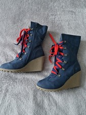 Wedge Heeled Women's Zip Up Blue Boots With Front Tie Laces Size 5 UK 38 EU