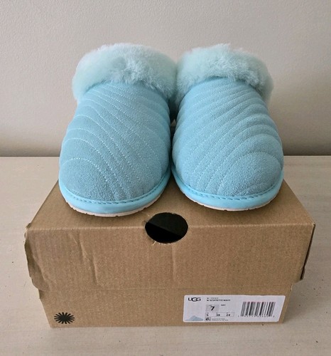 UGG Scuffette Wavy Sky Slippers Sz 7 US Suede Sheepskin Mint Blue Green Fur Trim - Picture 1 of 13