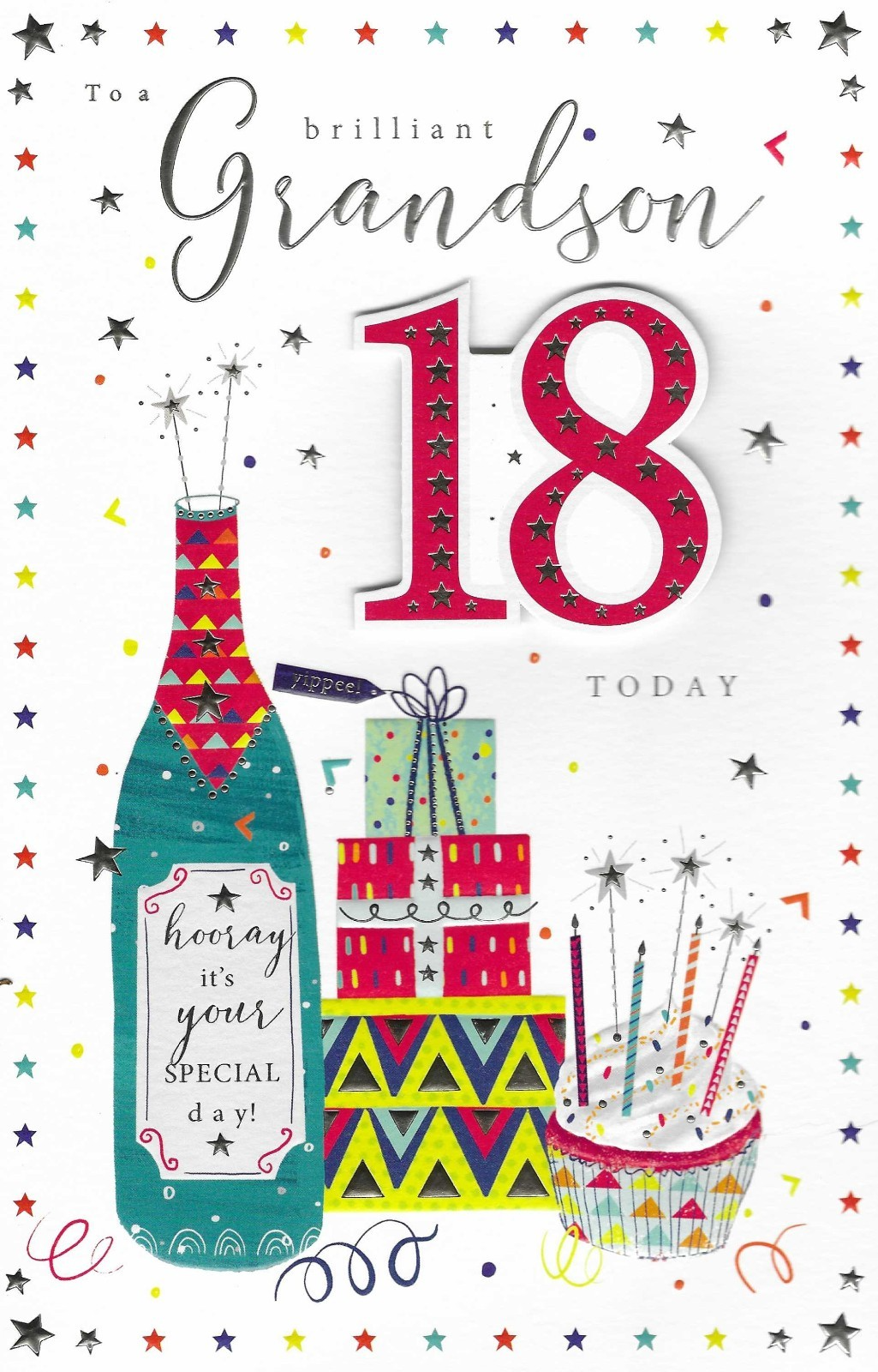 Birthday Card GRANDSON 18th 18. LARGE 10 Inch Luxury 4-Page Silver-foiled Card.