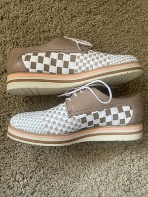New! Pertini Oxford Tan And White Woven Checkered  Leather Shoes Sz 38 Preppy