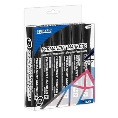 BAZIC Black Chisel Tip Permanent Markers Pens Marcador, Coloring on Plastic Wood