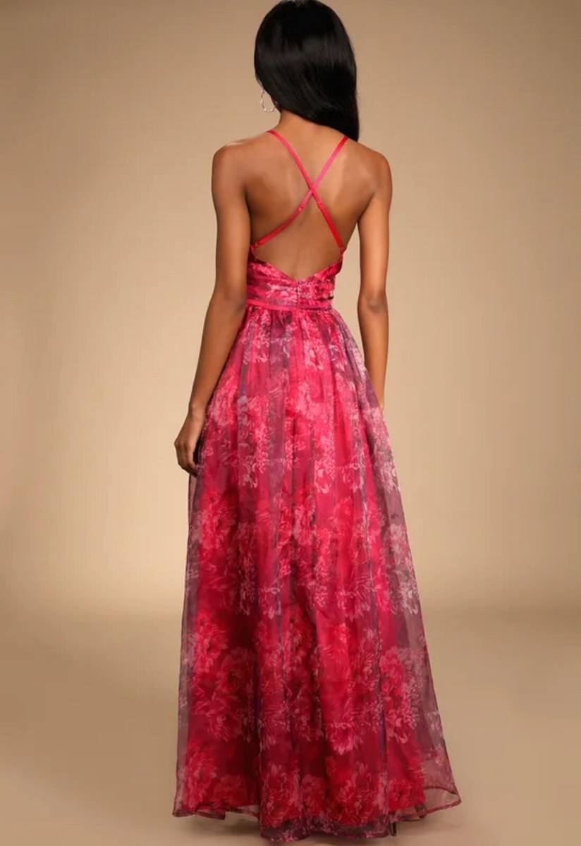 romance that wows magenta floral print organza maxi dress Caroline Garden Romance Magenta Floral Print Maxi Dress