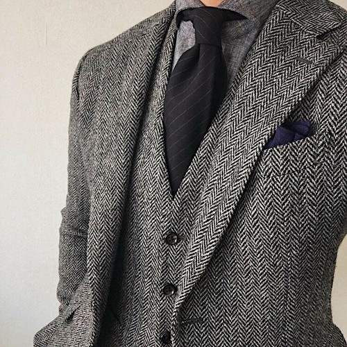 Men Suit Gray Herringbone Tweed Vintage Check Prom Groom Tuxedo Wedding Suit - Picture 8 of 9