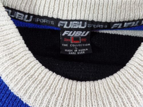 VTG Fubu Sport Sweater Mens LG Black Blue Hip Hop Y2K Embroidered Large Striped - Picture 4 of 7