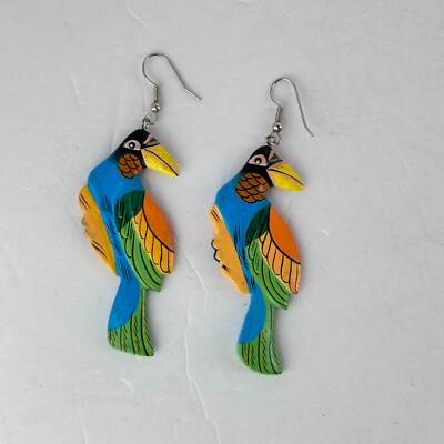 Vintage Long Blue Green Orange Carved Wood Parrot Dangle Earrings