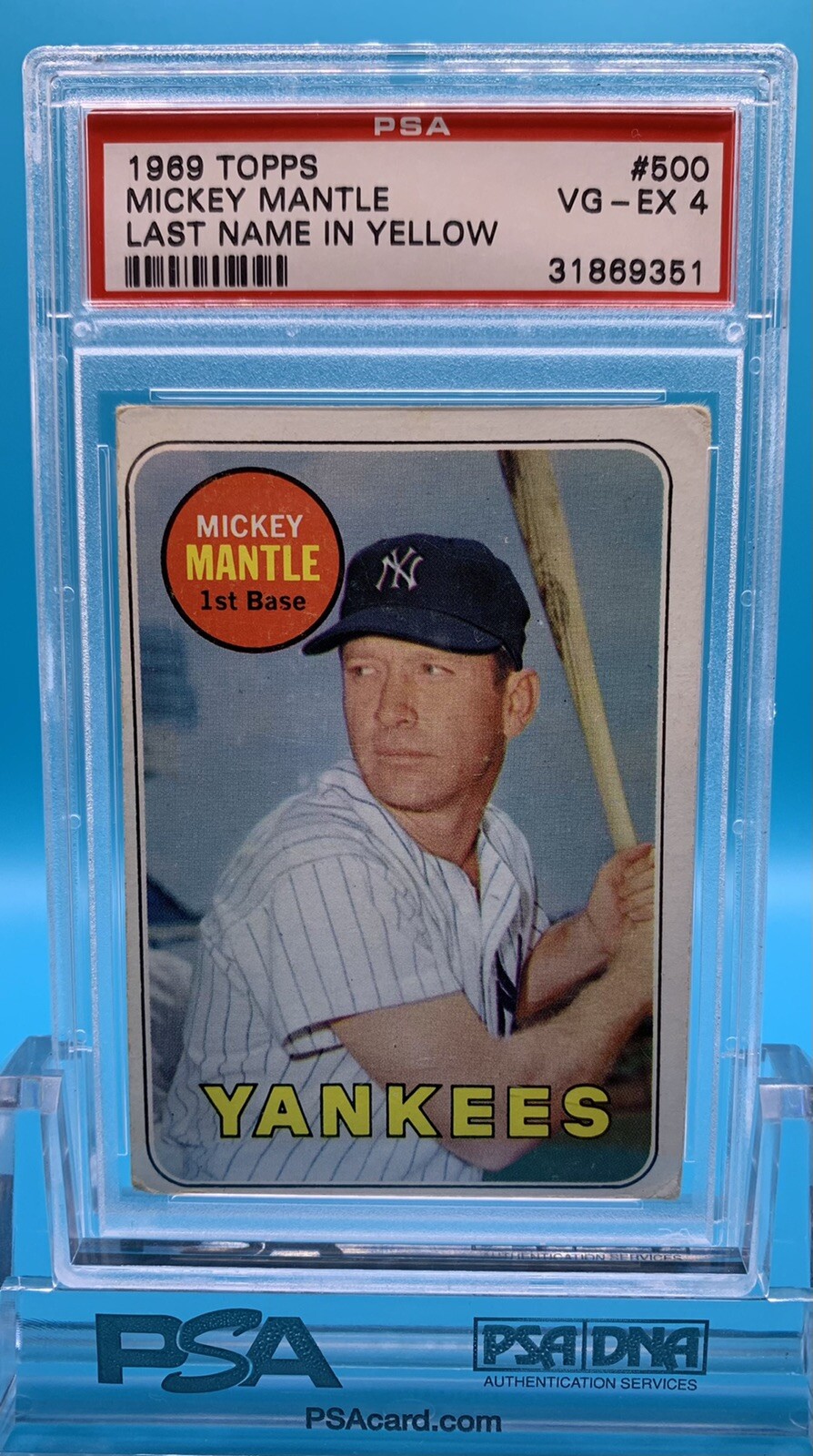 1969 Topps Mickey Mantle #500 Last Name In Yellow PSA 4 VG-EX  Yankees HOF