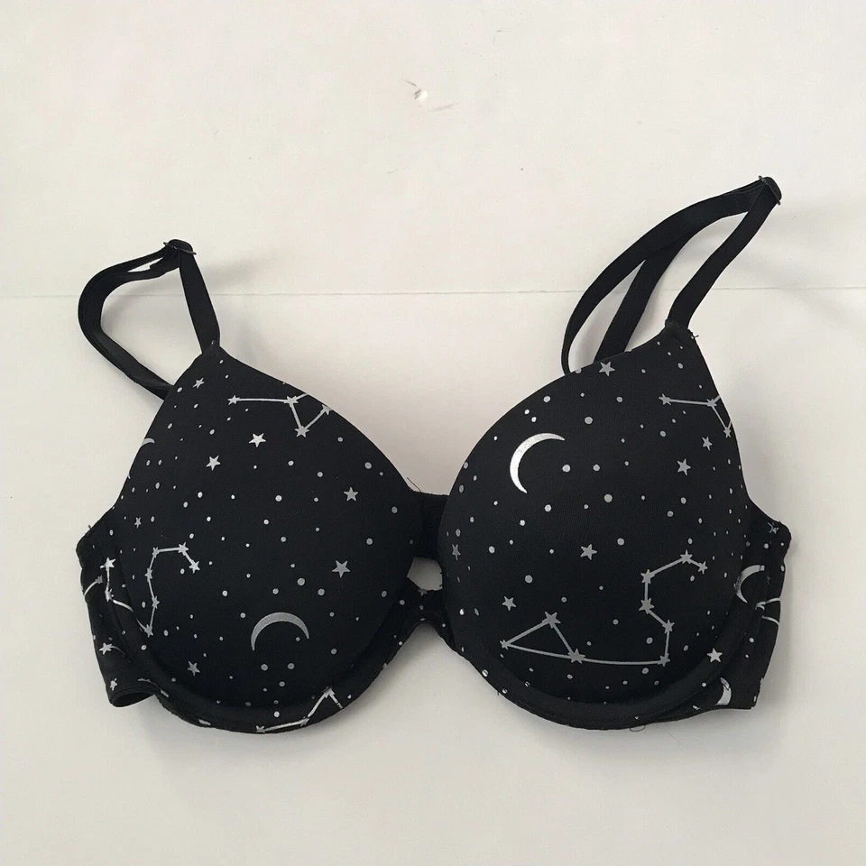 Sujetador Push Up Victoria's Secret ROSA 32B Estrellas Celestiales Plateado Hada Luna Negra Foto 2 de 4