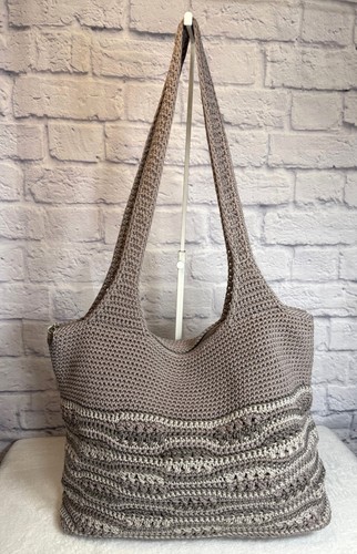 The SAK Collective Hobo Tote Hand Crocheted Khaki/Gray/Sage/White Blend Zip EXC