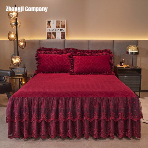 Thicken Lace Velvet Ruffle Bed Skirt Bedspread King Quilted Flower Luxury 3 Pcs - Picture 12 of 77