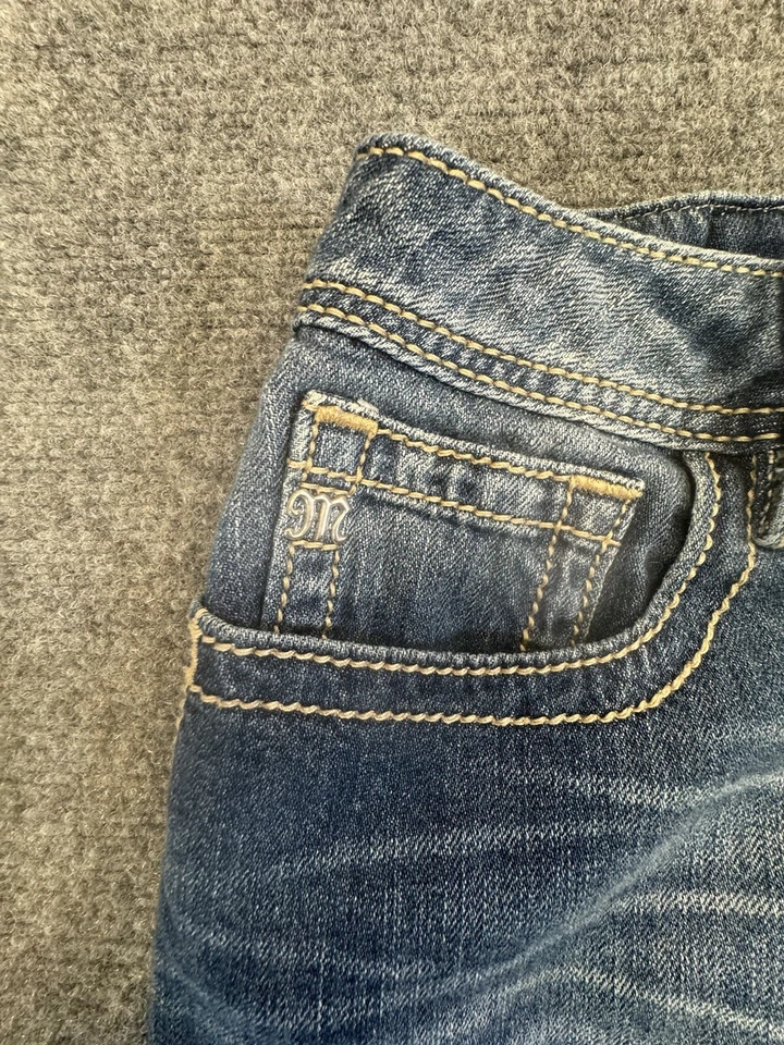 Falda corta recta Miss Me para mujer 31 azul denim tiro alto tapiz azteca Foto 3 de 4